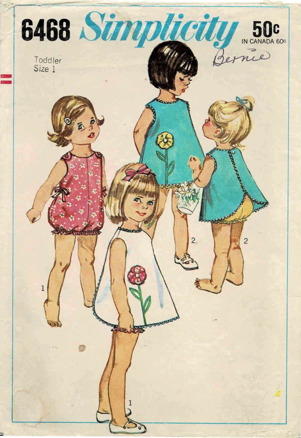 1960s Toddlers Playsuit and Pinafore Simplicity 6468 Vintage Sewing Pattern Size 1